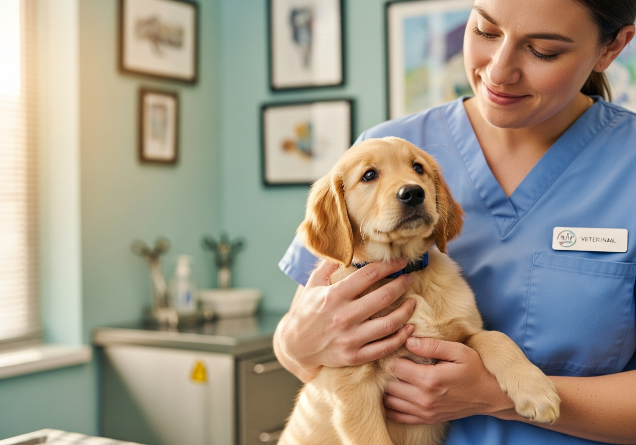 Veterinarian with puppy